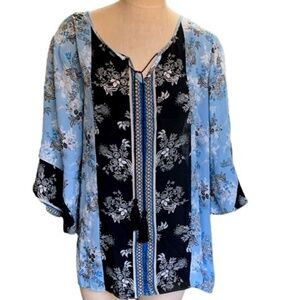 EST 1946 3/4 Bell Sleeve Tassel V-Neck Blouse Plus Sz 18/20W Blue BOHO Top #257J